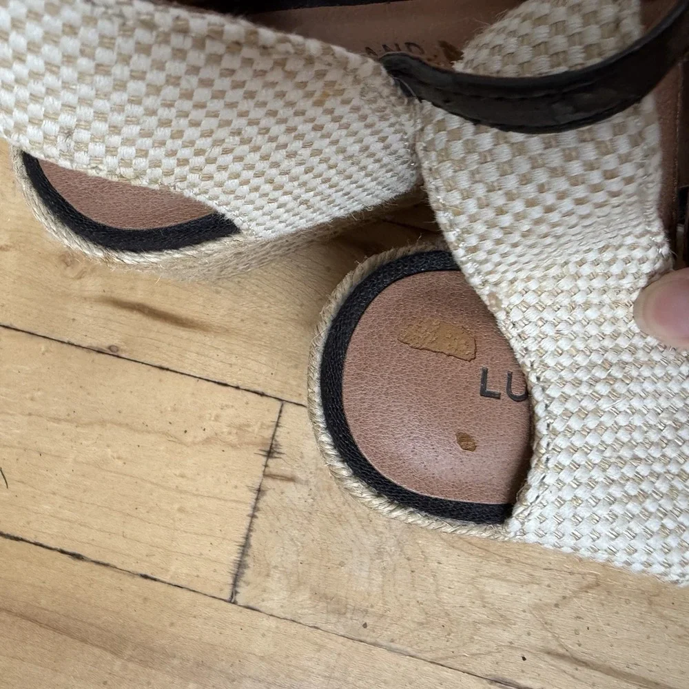 Lucky Brand Women's Size 6 'Kalessie' Espadrille‎ Wedge Sandal Black-tan Crochet